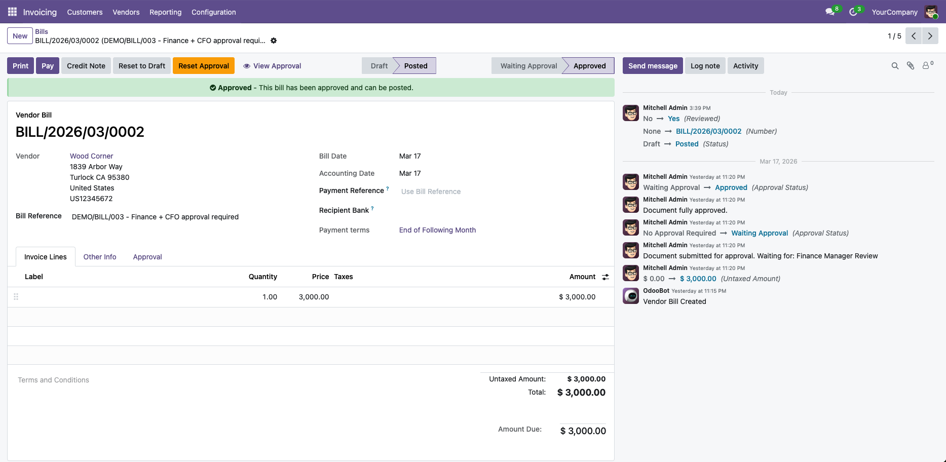 Vendor bill approved with green banner