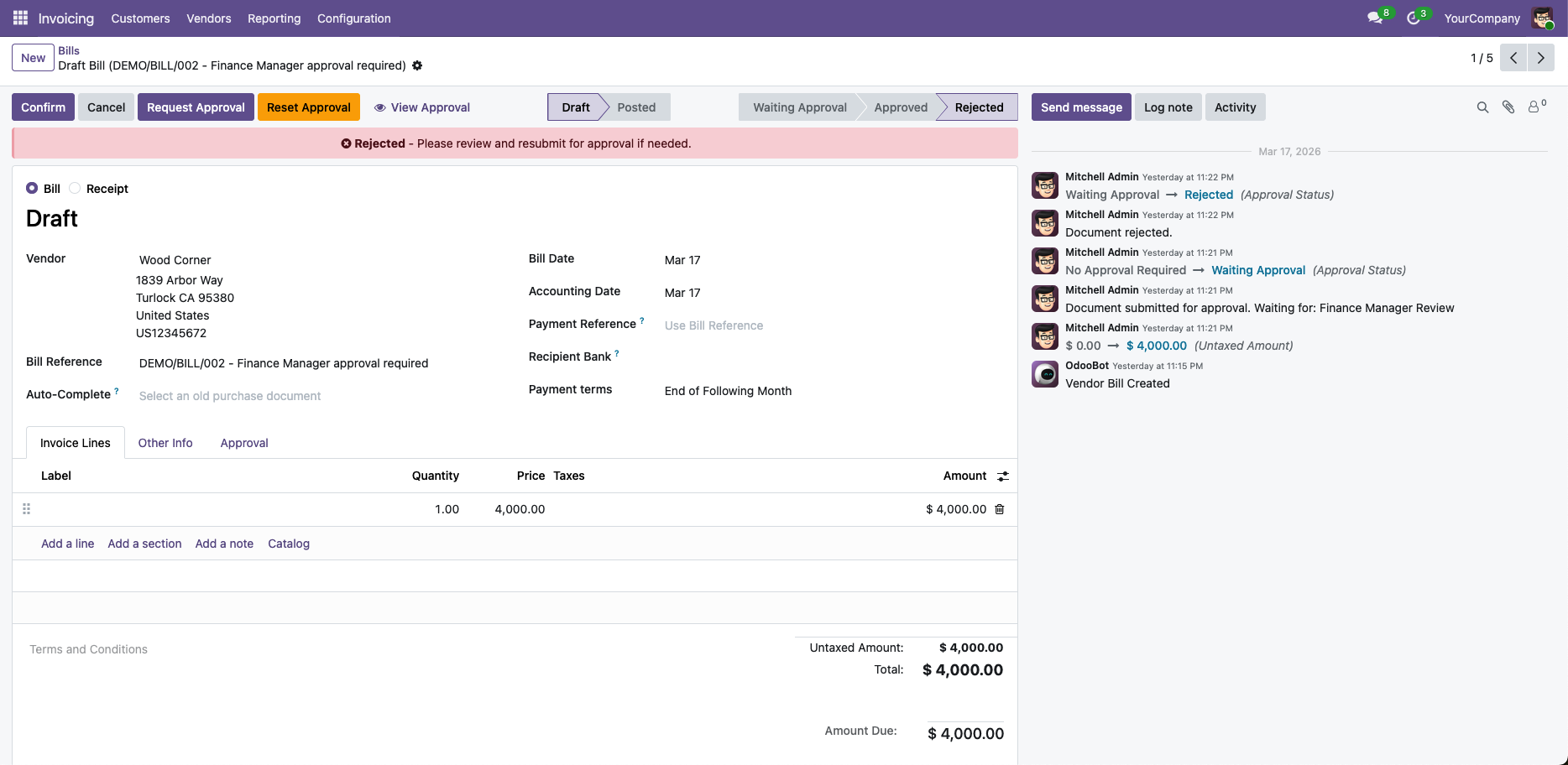 Vendor bill showing red rejected banner