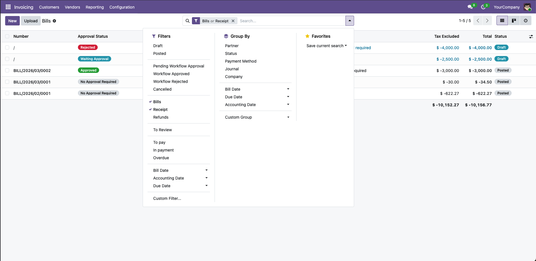 Bills list with approval status filters dropdown open