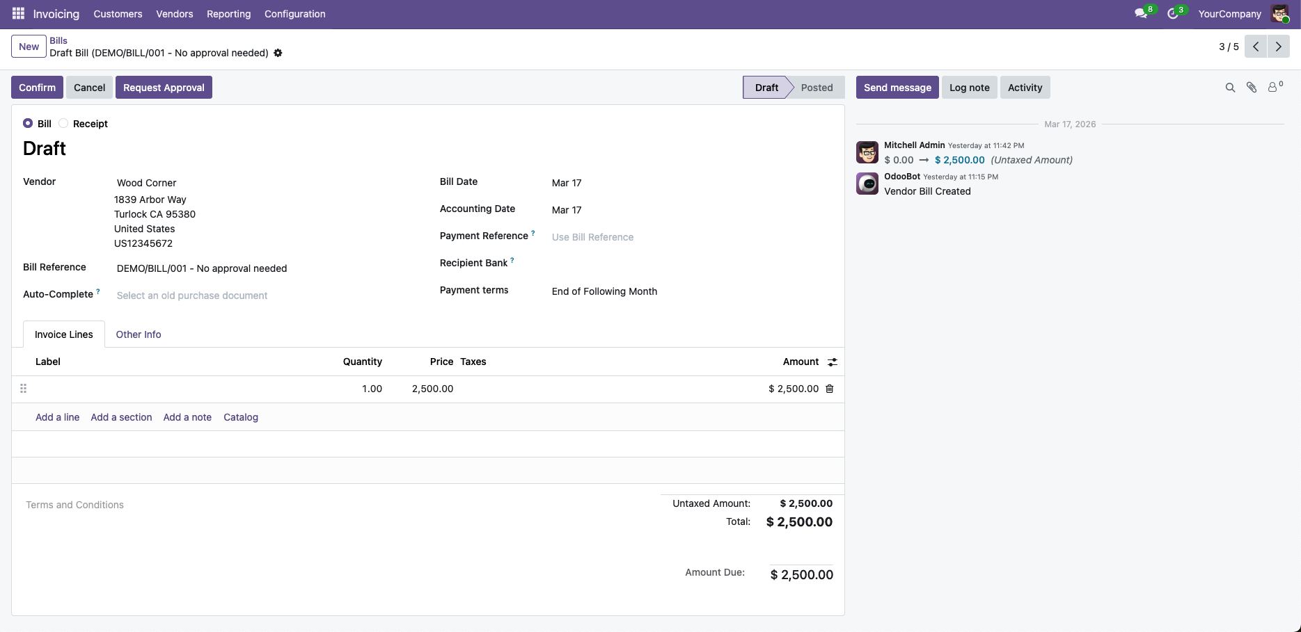 Draft vendor bill with Request Approval button