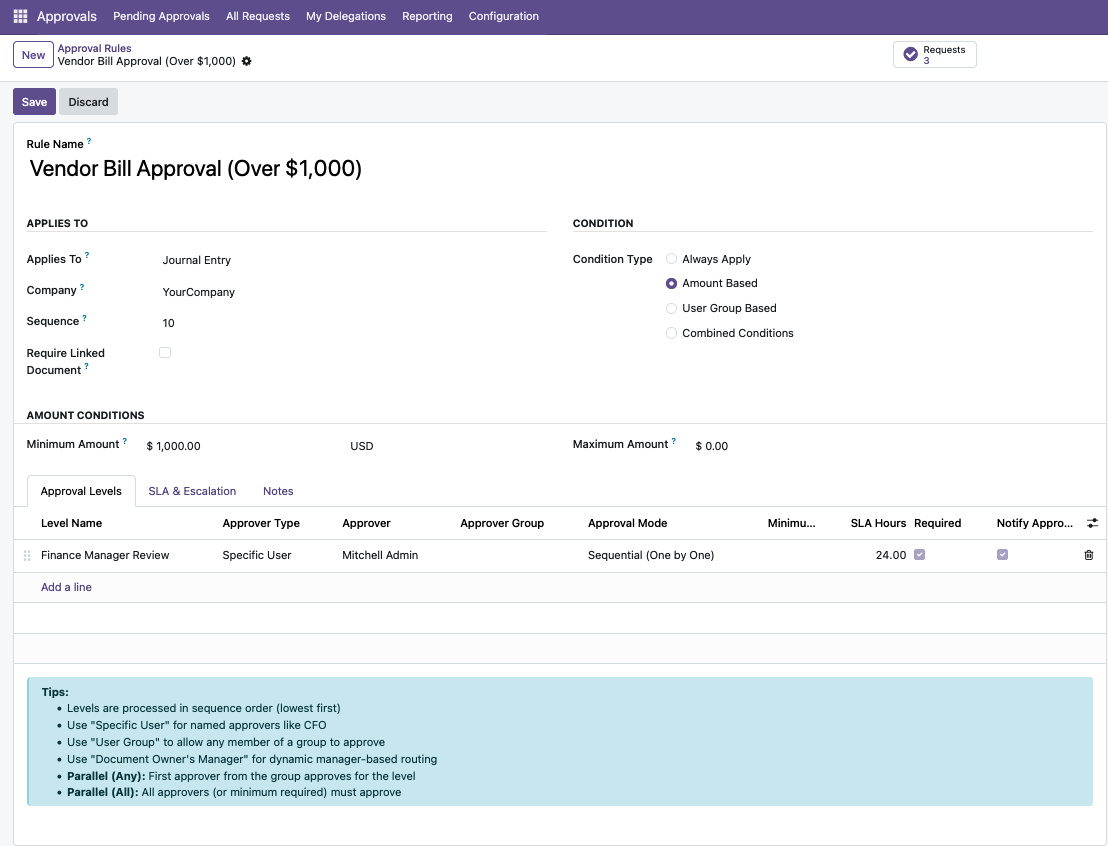 Approval rule configuration for vendor bills