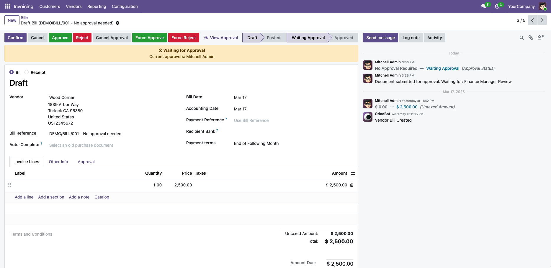 Vendor bill in Waiting for Approval state