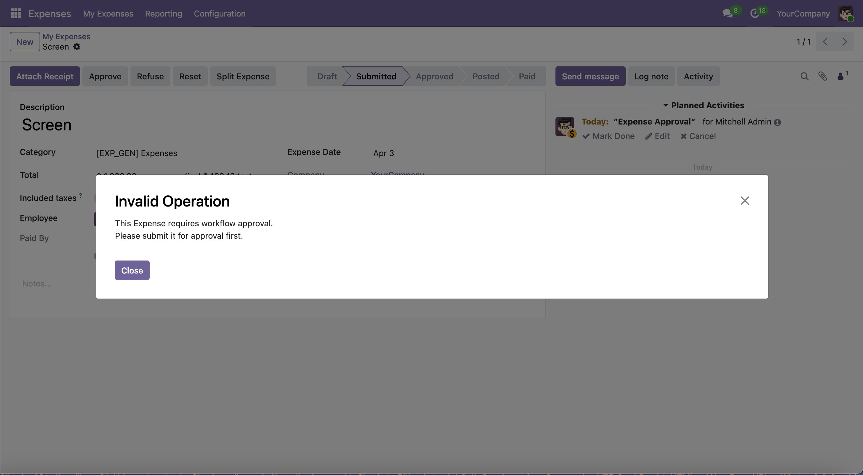 Invalid Operation dialog blocking expense or leave approval