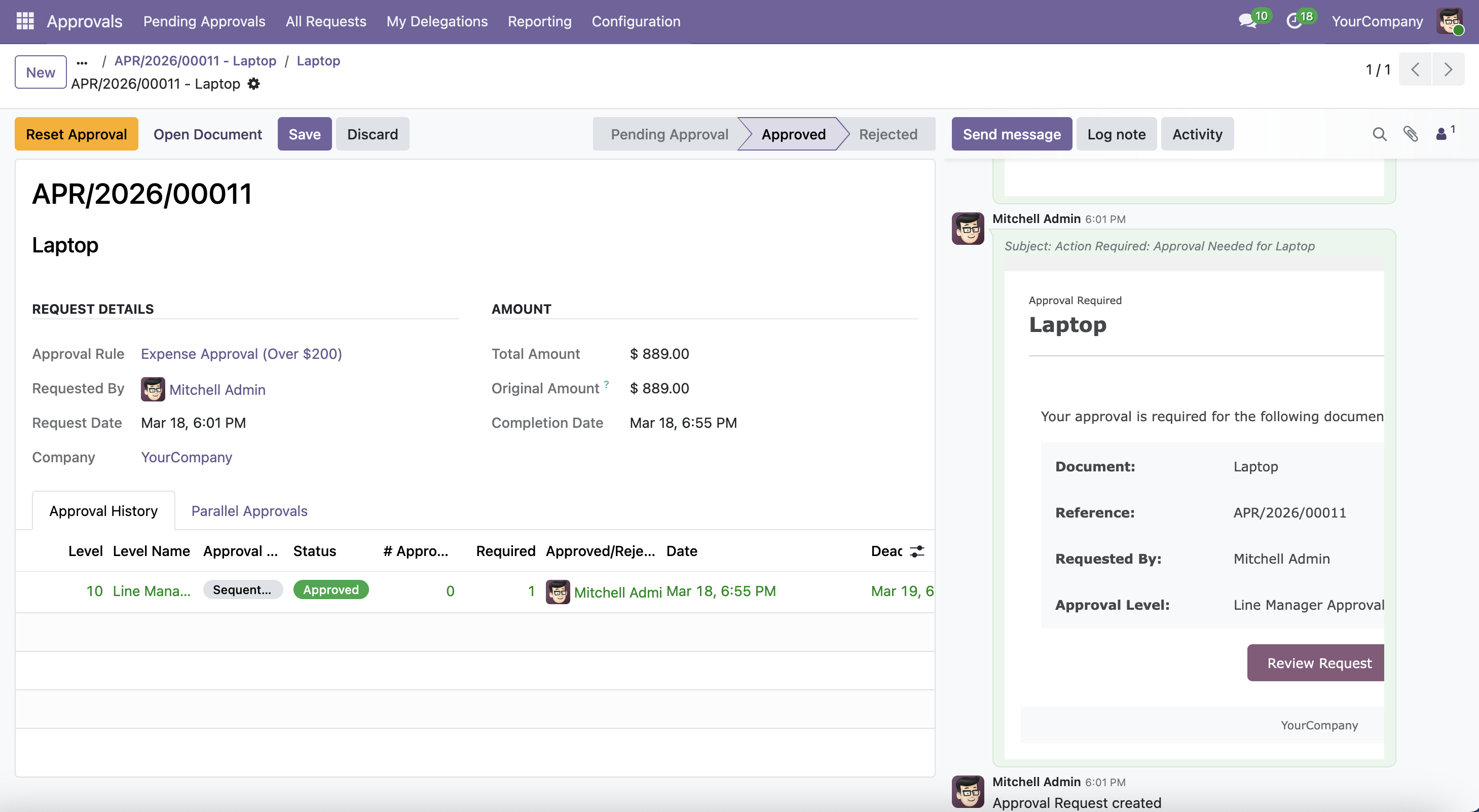Approval request form for expense