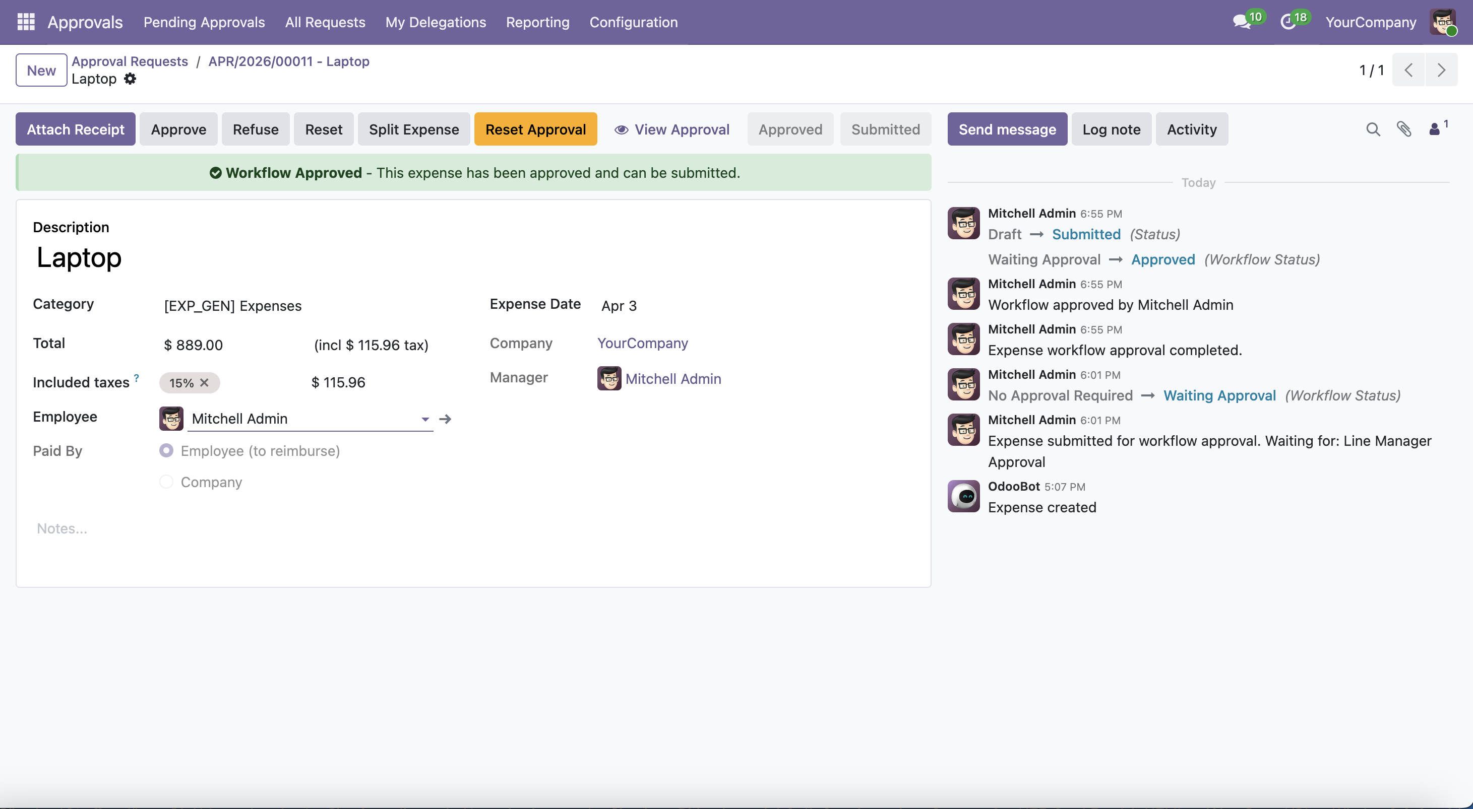 Expense approved with green banner