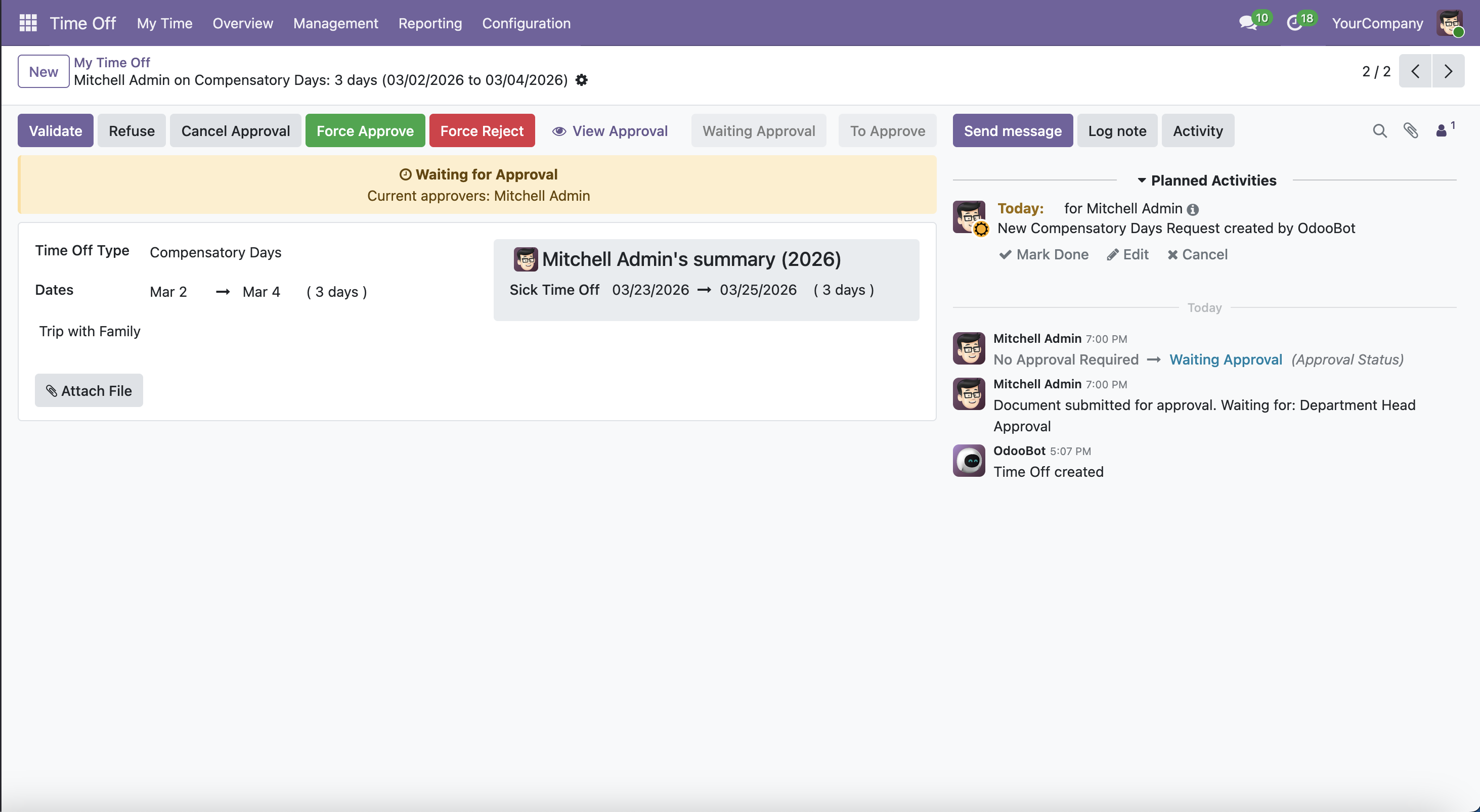 Leave request in Waiting for Approval state