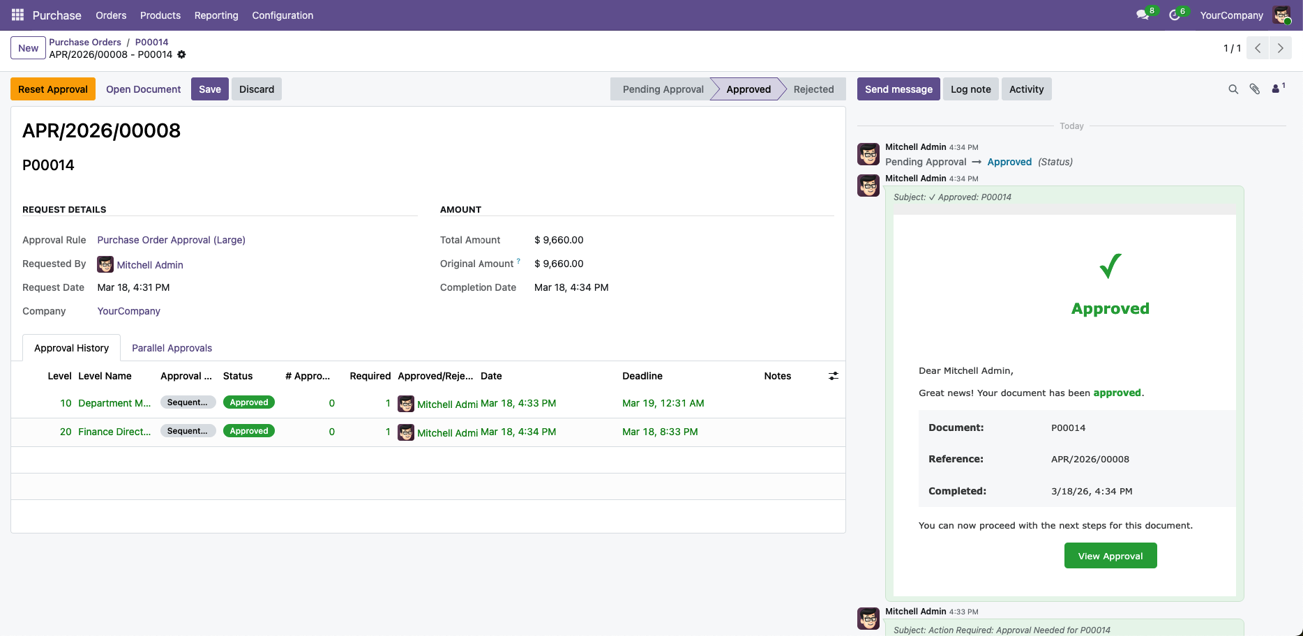 Approval request form showing approved state