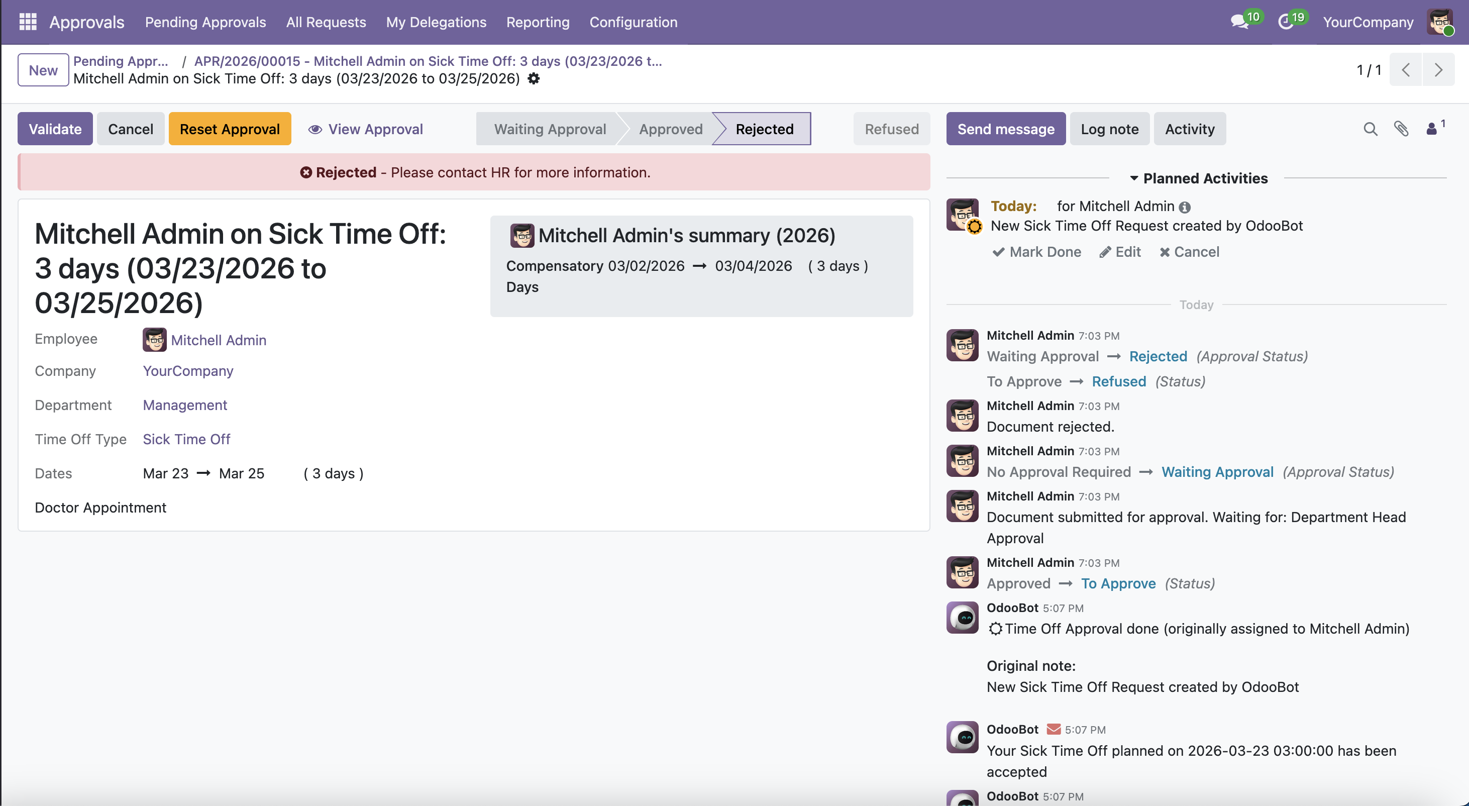 Approval request rejected with rejection reason and email
