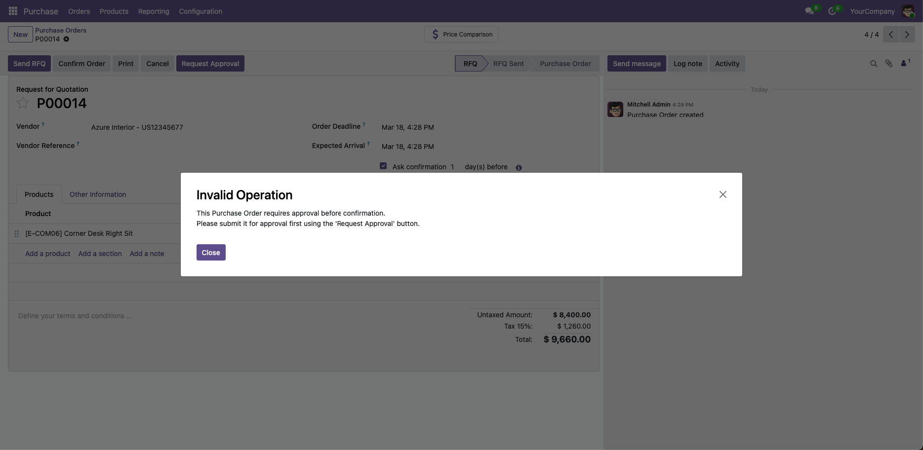 Invalid Operation dialog blocking PO confirmation