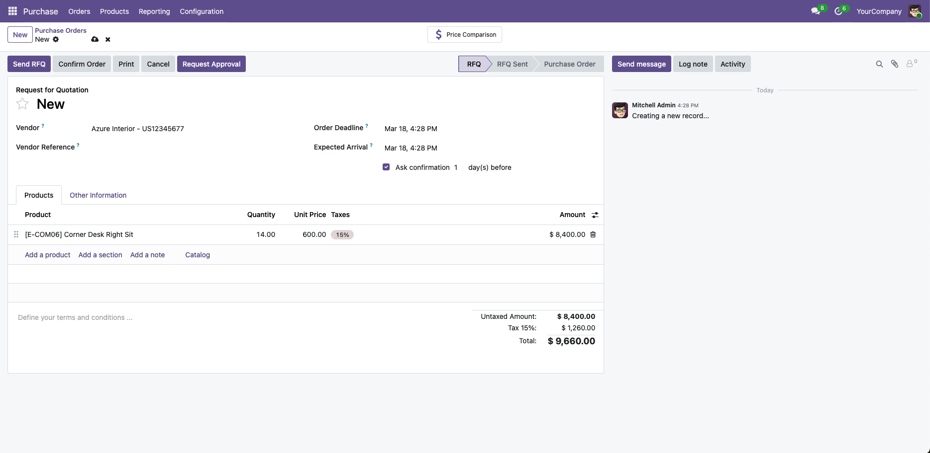 Draft purchase order with Request Approval button