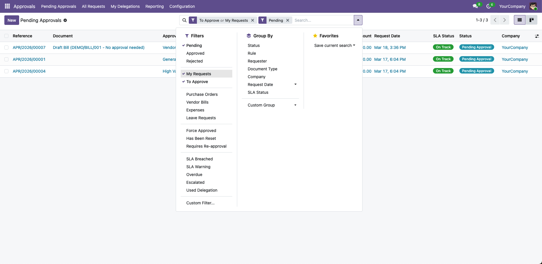 Purchase order list with approval status filters dropdown open