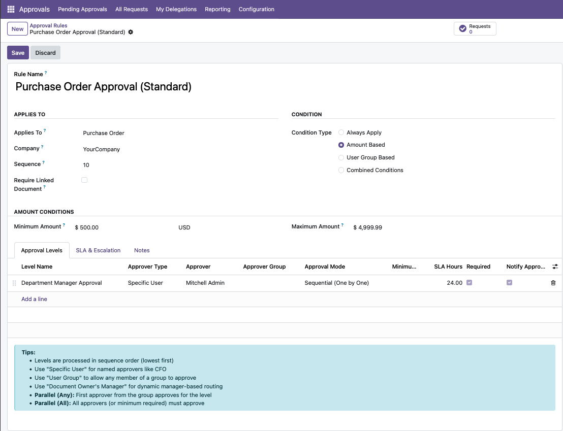 Approval rule configuration for purchase orders
