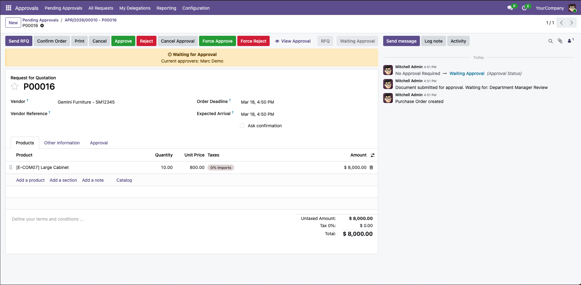 Purchase order in Waiting for Approval state
