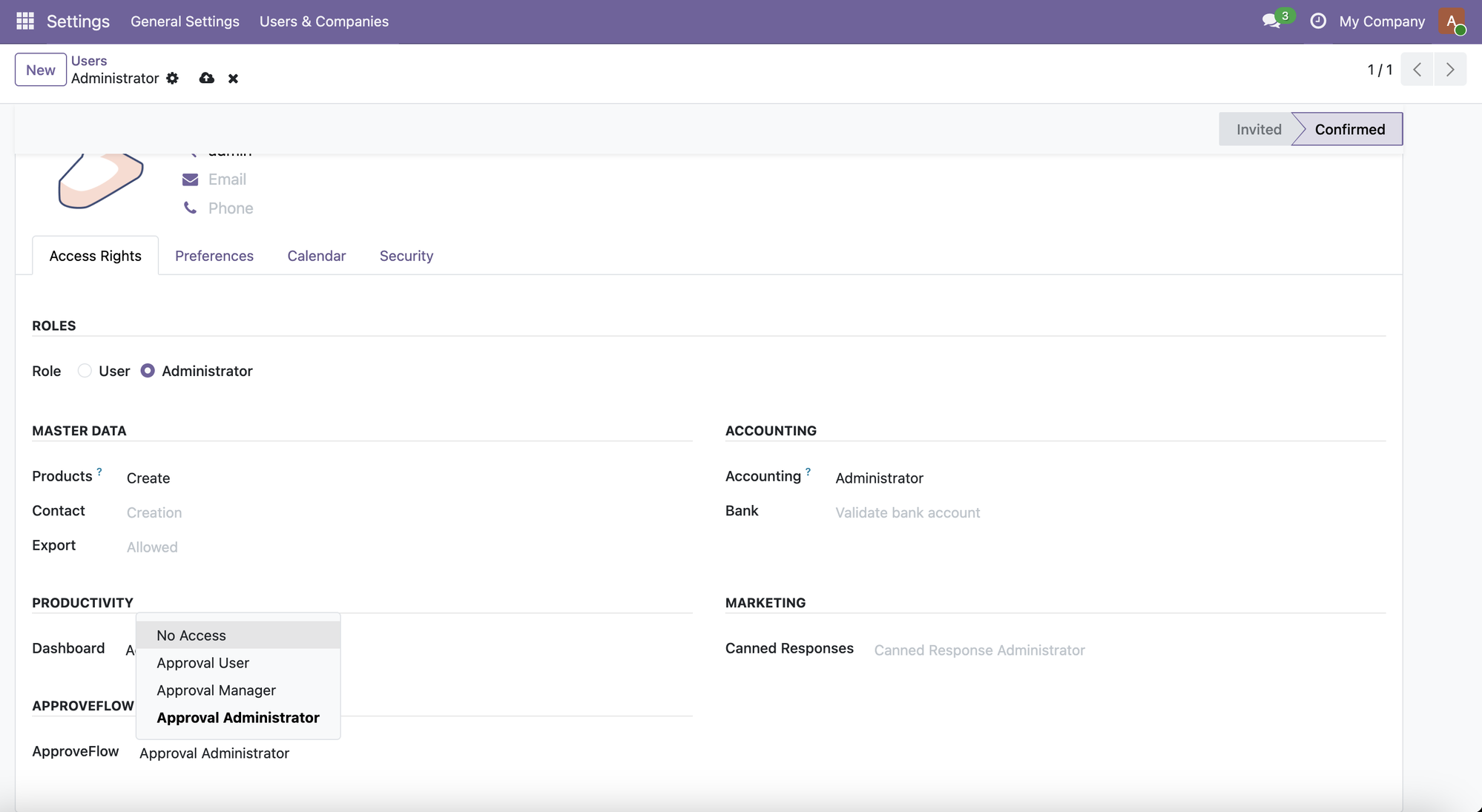 Approval role dropdown